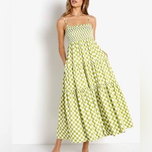 En Saison green check smocked midi dress